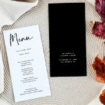 Moderne zwarte kalligrafie Windmenu Menu<br><div class="desc">Deze moderne, eenvoudige trouwmenukaart bevat kalligrafie en een eenvoudig lettertype voor uw trouwmenu op witte achtergrond aan de voorzijde en een zwarte vaste backer. Ideaal voor een moderne maar klassieke bruiloft of andere gebeurtenis, bruiloft met een zwart-wit kleurenthema of elegante bruiloft. Op de achterkant is ruimte voor uw namen en...</div>
