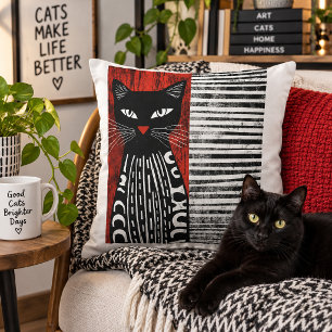 Moderne Zwarte Kat Abstract Volkskunst Ontwerp Kussen