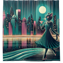 Moderne zwarte kat elegantie uit het midden van de douchegordijn