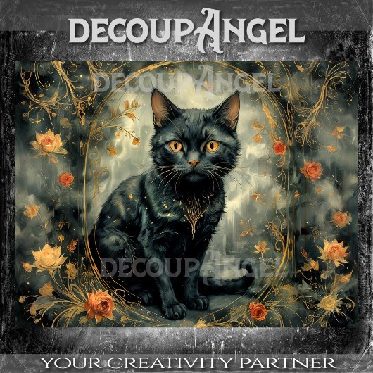 Moderne zwarte kat met bloemen - Decoupage- Tissuepapier