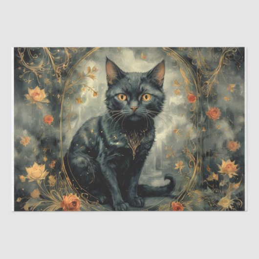 Moderne zwarte kat met bloemen - Decoupage- Tissuepapier (Voorkant)