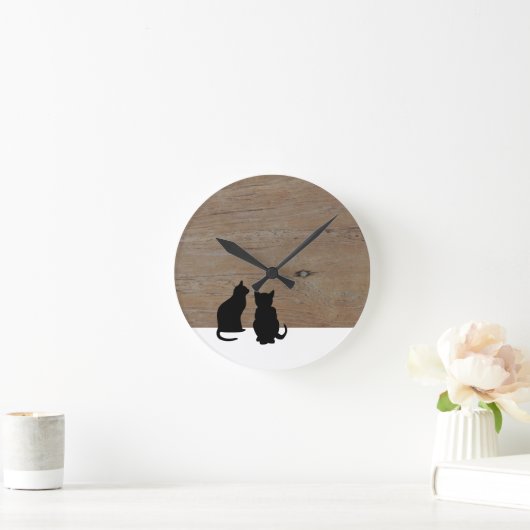 Moderne zwarte kattensilhouettes op hout ronde klok (Huis)
