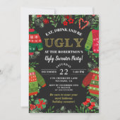 Moderne Zwarte Kerstfeestdag Ugly Sweater Party Kaart (Voorkant)