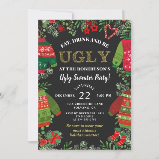 Moderne Zwarte Kerstfeestdag Ugly Sweater Party Kaart (Voorkant)