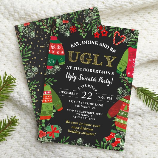Moderne Zwarte Kerstfeestdag Ugly Sweater Party Kaart