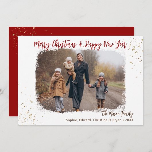 Moderne, zwarte kerstfoto met handschrift Red Gold Feestdagenkaart (Voorkant / Achterkant)