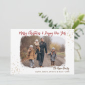 Moderne, zwarte kerstfoto met handschrift Red Gold Feestdagenkaart (Staand voorkant)