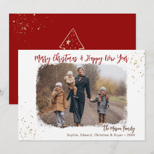 Moderne, zwarte kerstfoto met handschrift Red Gold Feestdagenkaart