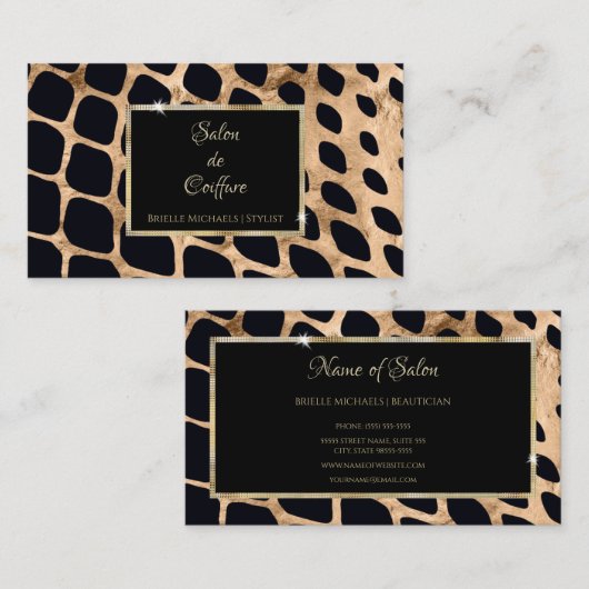 Moderne Zwarte Koper en Gouden Dier Print Salon Visitekaartje (Voorkant / Achterkant)