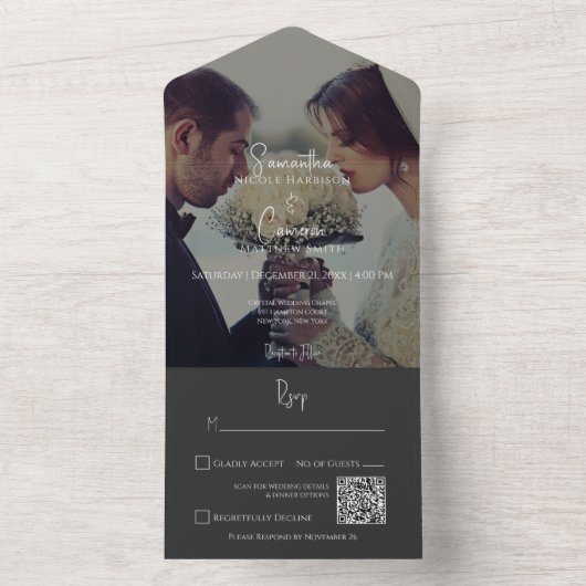 Moderne zwarte legant foto QR-code All In One Uitnodiging (Binnen)