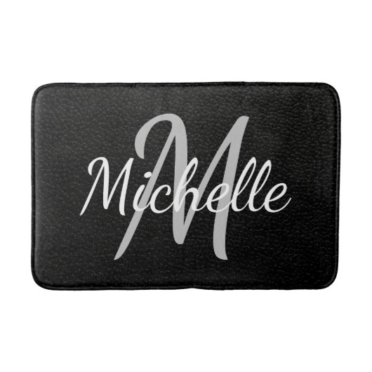 Moderne zwarte leren typografie & naammonogram badmat (Voorkant)