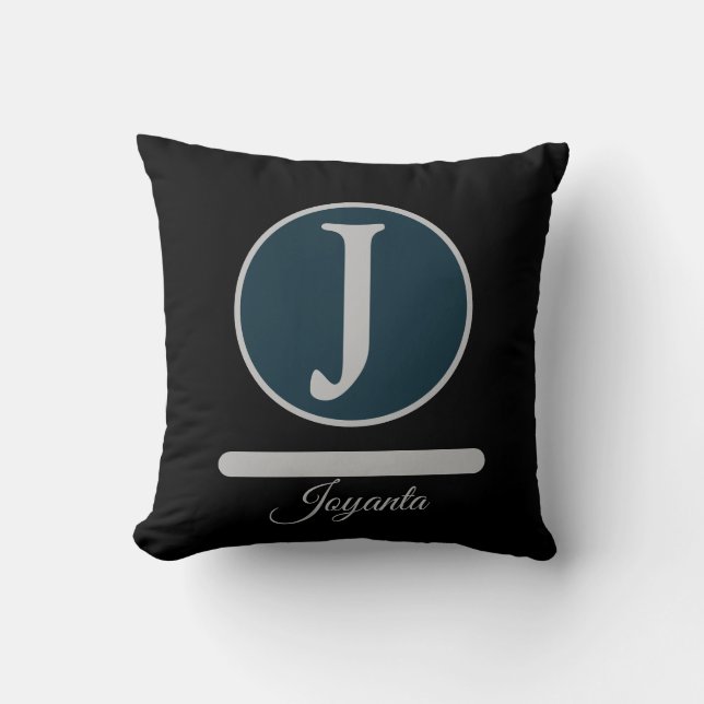 Moderne Zwarte Lichtgrijze Monogram Elegant Kussen (Voorkant)