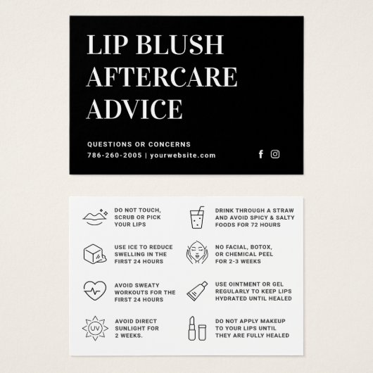 Moderne zwarte lip Blush Tattoo Aftercare Kaart (Voorkant /achterkant)