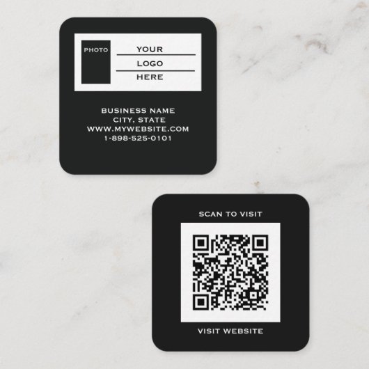 Moderne Zwarte Logo QR Code Scan Website Vierkant  Vierkante Visitekaartje (Voorkant / Achterkant)