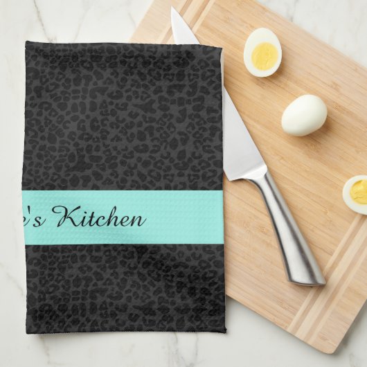 Moderne zwarte luipaard afdruk Aqua Stripe met naa Theedoek (Quarter Fold)