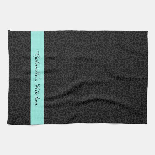 Moderne zwarte luipaard afdruk Aqua Stripe met naa Theedoek (Horizontaal)