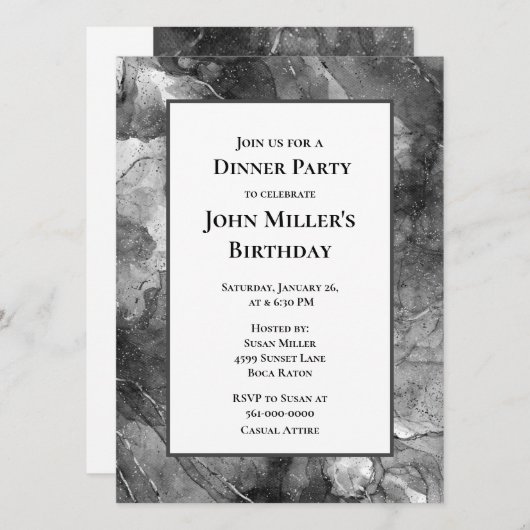 Moderne zwarte marmer Birthday Dinner Party Invita Kaart (Voorkant / Achterkant)
