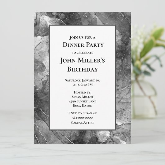 Moderne zwarte marmer Birthday Dinner Party Invita Kaart (Staand voorkant)