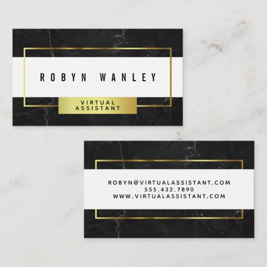 Moderne zwarte marmer met wit en goud visitekaartje (Voorkant / Achterkant)