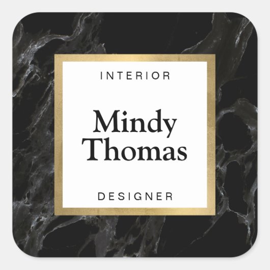 Moderne Zwarte Marmeren Nep Gouden Lijst Vierkante Sticker (Voorkant)
