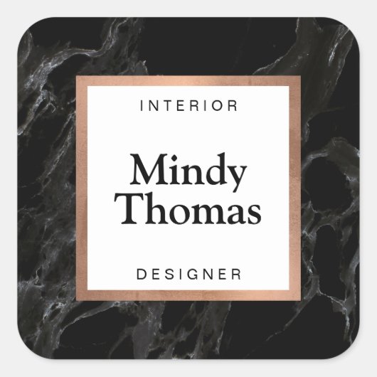 Moderne Zwarte Marmeren Nep Rose Goud Frame Vierkante Sticker (Voorkant)