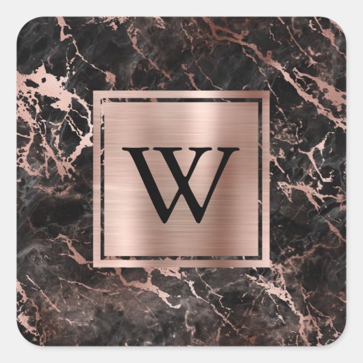 Moderne Zwarte Marmeren Roze Gouden Monogram Vierkante Sticker (Voorkant)