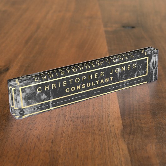 Moderne zwarte marmeren steen look gouden titel naambordje (Zijkant)