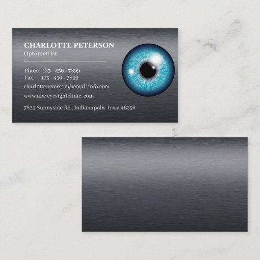 Moderne Zwarte Metalen & Oogbal Optometrist Visitekaartje (Voorkant / Achterkant)