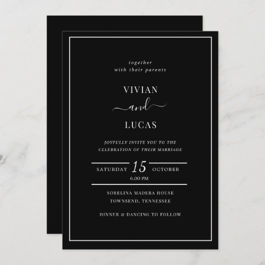 Moderne zwarte minimale bruiloft kaart (Voorkant / Achterkant)