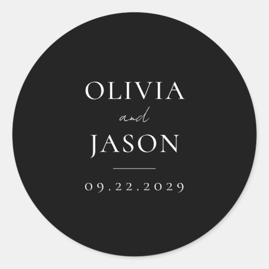 Moderne zwarte minimale bruiloft ronde sticker (Voorkant)