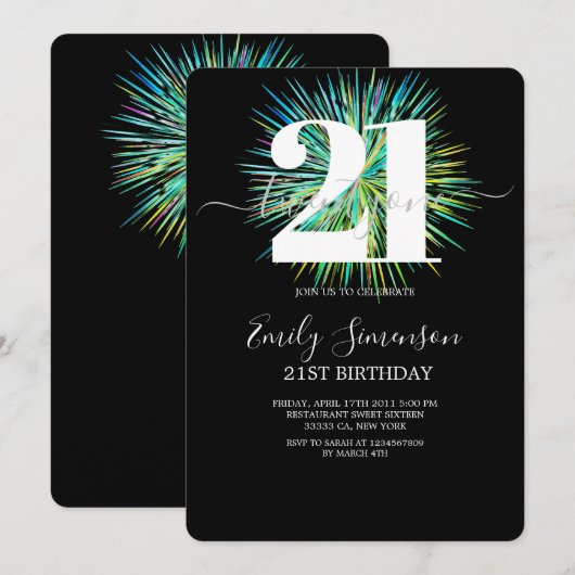 Moderne zwarte minimalistische 21ste uitnodiging o (Voorkant / Achterkant)