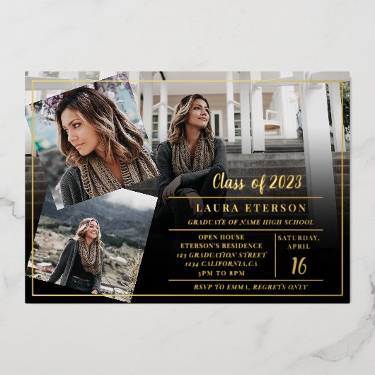 Moderne zwarte minimalistische 3 foto's afstuderen folie uitnodiging (Voorkant)