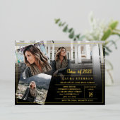 Moderne zwarte minimalistische 3 foto's afstuderen folie uitnodiging (Staand Voorkant)