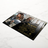 Moderne zwarte minimalistische 3 foto's afstuderen folie uitnodiging (Gedraaid)