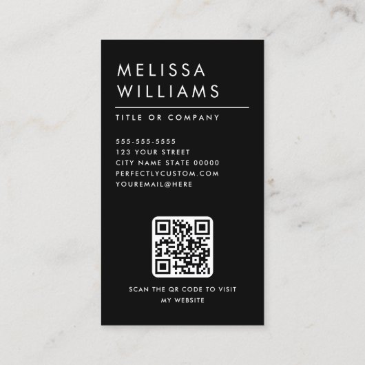Moderne zwarte minimalistische aangepaste QR-code Visitekaartje (Achterkant)