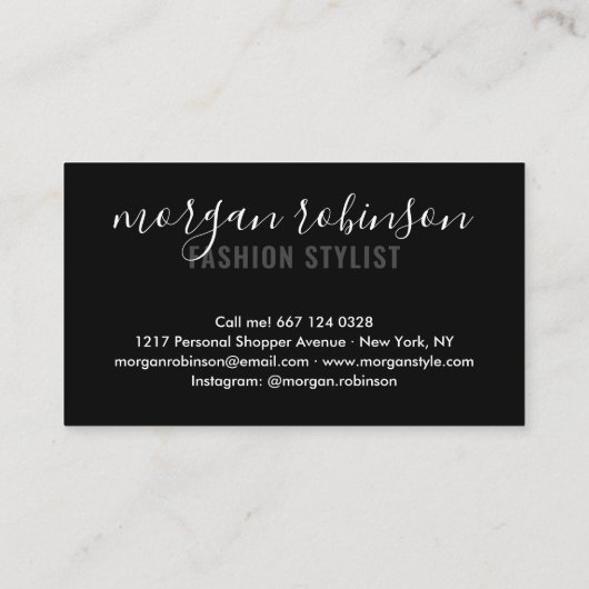 Moderne zwarte mode stylist scripthandtekening visitekaartje (Achterkant)