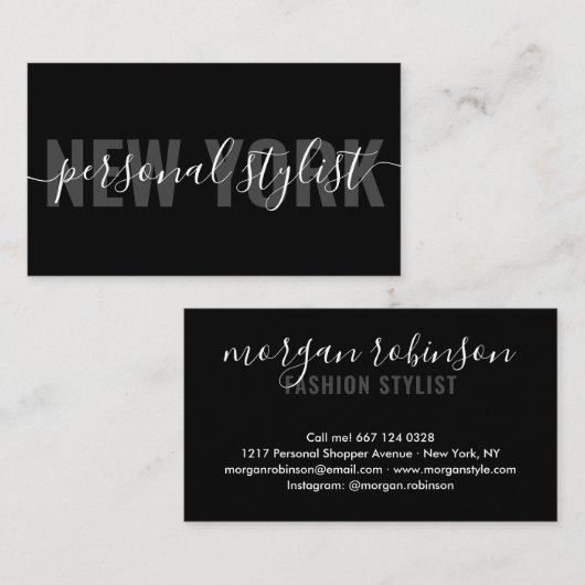 Moderne zwarte mode stylist scripthandtekening visitekaartje (Voorkant / Achterkant)