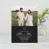 Moderne zwarte monogram classic plak foto bruiloft kaart (Staand voorkant)