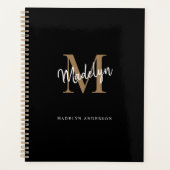 Moderne zwarte monogram Gold legant Script Name Planner (Voorkant)
