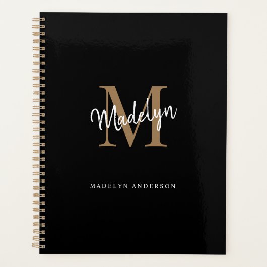 Moderne zwarte monogram Gold legant Script Name Planner (Voorkant)
