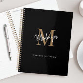 Moderne zwarte monogram Gold legant Script Name Planner