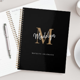 Moderne zwarte monogram Gold legant Script Name Planner