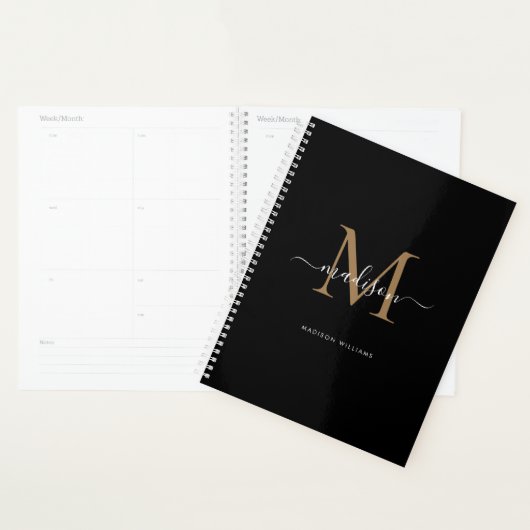 Moderne zwarte monogram Gold legant Script Name Planner (Display)