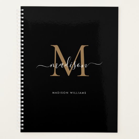 Moderne zwarte monogram Gold legant Script Name Planner (Voorkant)