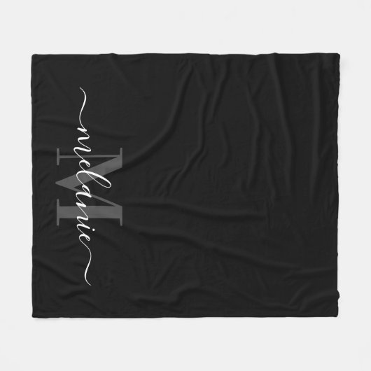 Moderne zwarte monogram kalligrafie fleece deken (Voorkant (Horizontaal))