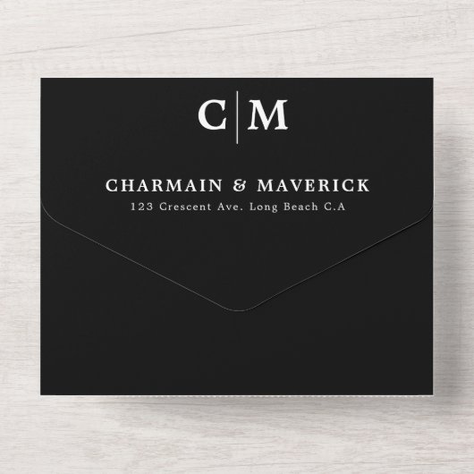 Moderne zwarte monogram QR-code RSVP All In One Uitnodiging (Achterkant)