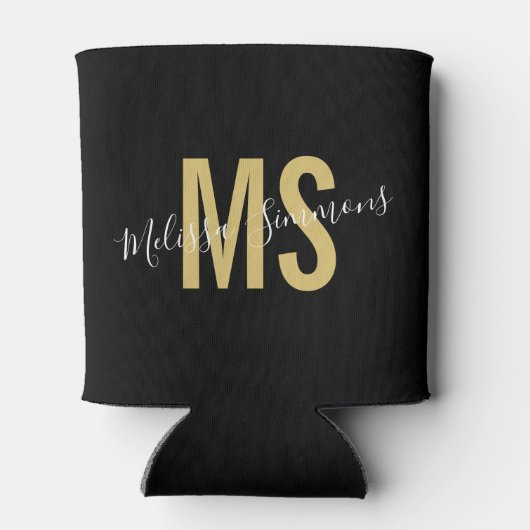 Moderne zwarte monogram voor gouden script blikjeskoeler (Achterkant)