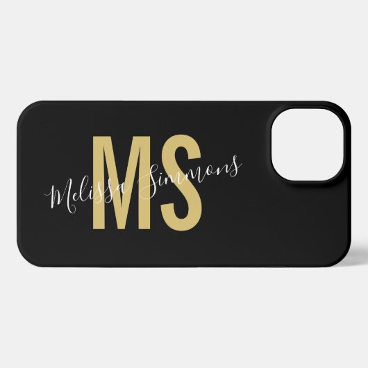Moderne zwarte monogram voor gouden script iPhone hoesje (Achterkant horizontaal)