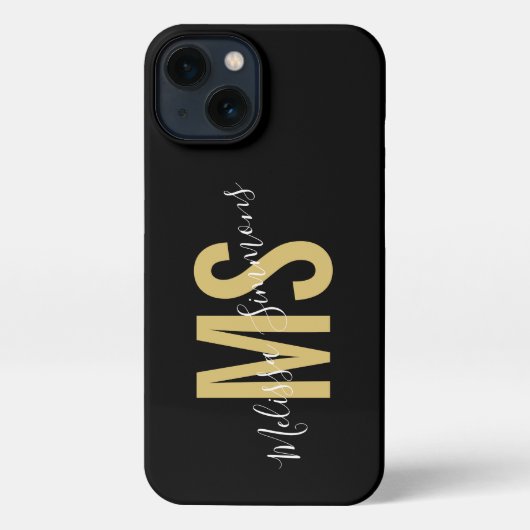 Moderne zwarte monogram voor gouden script iPhone hoesje (Achterkant)