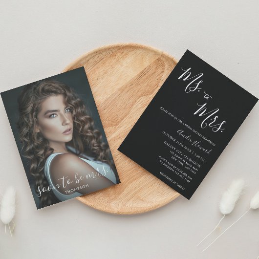 Moderne Zwarte Ms to Mrs Met Foto Bruidsdouche Kaart
